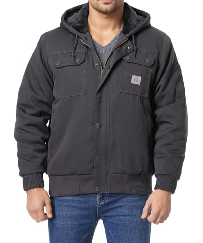 TUAOVA Men's Fit Relaxed Work Coat Fleece Lined Waterproof Workwear Winter Hooded Jacket with Multiple Pockets(Dark Grey,M)