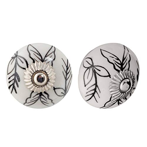 Nicola Spring Ceramic Cupboard Drawer Handle Knobs - Floral Design - Black/White Leaves - Pack of 6, Black Leaves