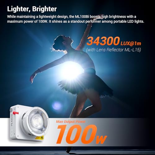 Image of Godox ML100Bi 100W Portable LED Video Light,CRI 97+ /TLCI 98+,0%-100% Brightness& Bi-Color COB Continuous Output Lighting 2800-6500K,11 FX Lighting Effects,App Control Mini Photography Light