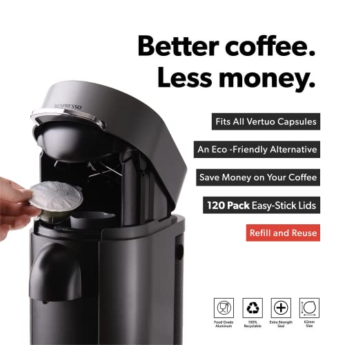 All-New Di Oro Caffè Reusable Coffee Pod Lids Compatible For Nespresso Vertuoline Machines To Reuse Vertuo Coffee Capsules - 62Mm Cover Seals For Refillable Pods - Aluminum Foil Lids (120 Pack) #TOP6