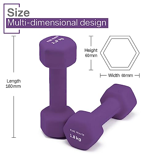 Neoprene Dumbbell Hand Weights Pair Home Exercise for Women Men Arm Pilates Dumbbells in 1kg 1.5kg 2kg 3kg 4kg 5kg 8kg 10kg Set (Purple (1.5KG, Pair)) - Image 3