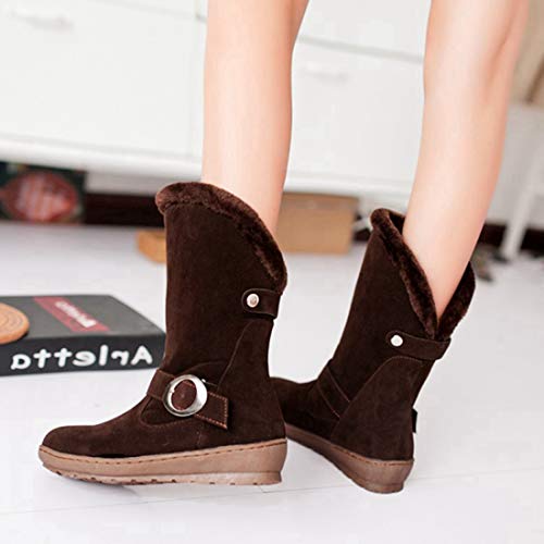 Mistu Women's Winter Fur Mid Calf Snow Boots Suede Buckle Slip On Platform Low Heel Warm Cotton Snow Boot #TOP4