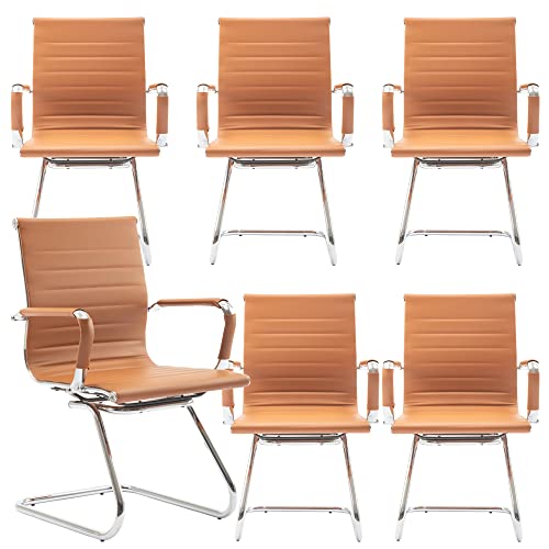 Image of Office Desk Chair No Wheels Set of 6 PU Leather Computer Chairs Mid Back Guest Chairs for School Reception Conference Waiting Room, Terracotta