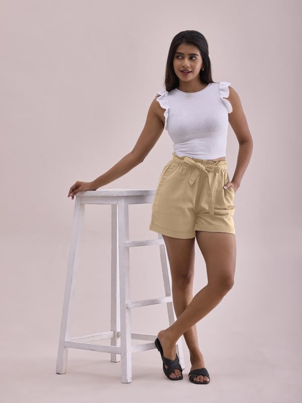 Image of GO COLORS Women Solid High Rise Relaxed Fit Linen Shorts