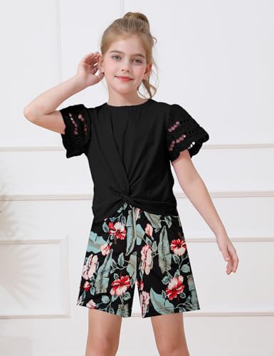 Image of mksodop Girls Clothes 2-Piece Teen Girls clothes Lace Hollow Short-Sleeved Twist T-Shirt And Floral Short Girl Summer Outfits