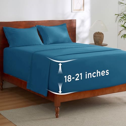 Image of Bedsure Deep Pocket King Sheet Set - Fits Mattresses Up to 21 Inches Thick - 4 Piece GentleSoft Bed Sheets, Moisture Wicking, Soft & Cooling Bedsheet & Pillowcases, Easy & Secure Fit, Teal Blue