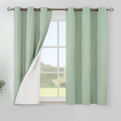 Image of YoungsTex Light Green Linen 100% Blackout Curtains 40 Inch Length, Short Thermal Insulated Drapes with Grommet Privacy for Bedroom Window, 2 Panels, 42 X 40 Inch