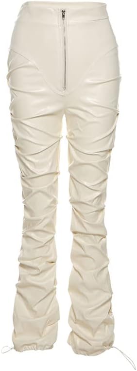 Sumleno High Waist Stacked Pants for Women Faux Leather Ruffle Ruched Leggings Y2k Black Pleated Sexy Aesthetic Streetwear - Image 6