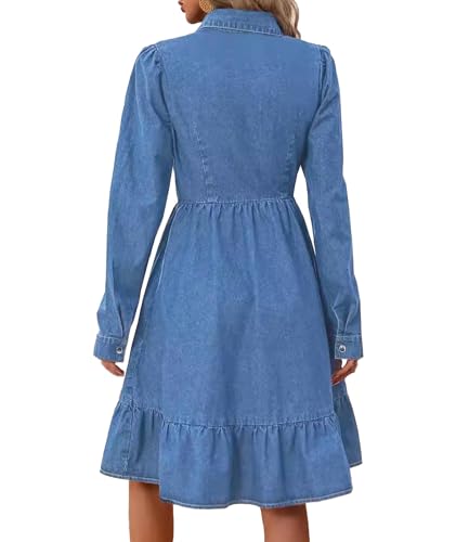 Sexyshine Women's Button Down Denim Dress Puff Long Sleeve Lapel Collar High Waist A Line Swing Ruffle Jeans Midi Dress2