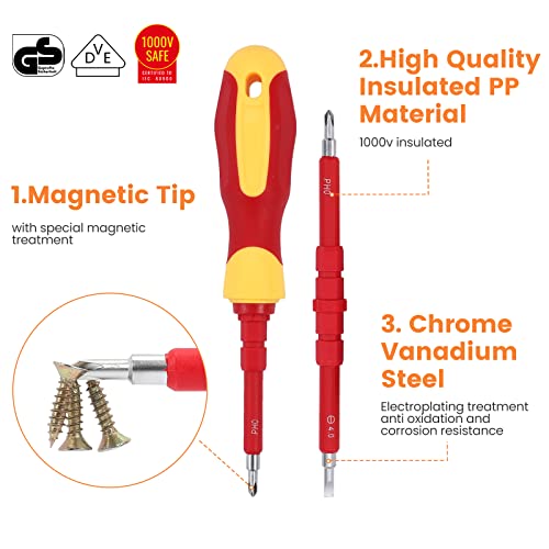Toolinhand1000V Insulated Electrician Screwdriver Set Phillips Slotted Torx Hex Square Strong Magnetic Bit Professional Electrical Screw Driver Set Tools For Man With Case Household Repair #TOP1