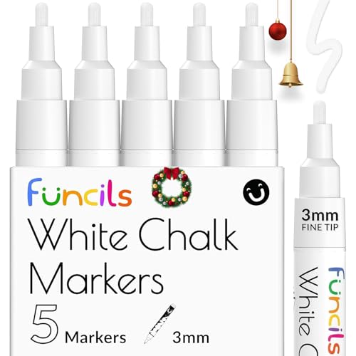 Funcils Marcadores de giz líquido de ponta fina, embalagem de 5 canetas em giz, uso em ardósia, janelas, ardósias, letreiros, marcador de giz líquido limpo e reversível de 3 mm