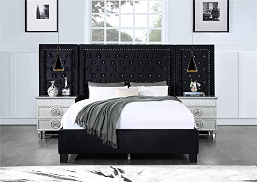 Marco de cama de muebles de dormitorio, marco de cama de tela de terciopelo de madera/metal con soporte acanalado de madera cama sin cajón para dormitorio sala de estar (cama doble de PU negra) (cama