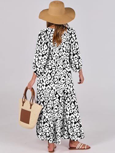 Image of ANRABESS Womens Boho Floral 3 /4 Puff Sleeve Maxi Dress | Tiered Flowy Loose Fit, Comfy Soft Rayon Fabric, Wedding Guest Church Beach, Modest Elegant, Spring Summer Fall Outfits
