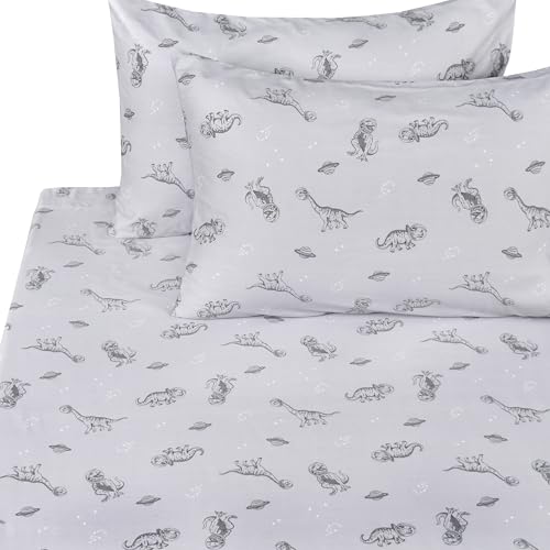 Image of Scientific Sleep Gray Dinosaur Space Walk Universe Travel 100% Cotton 4 Pcs Twin Bed Sheet Set Kids Toddler Teen, Flat Sheet & Fitted Sheet & Pillowcase Kids Bedding Set Full
