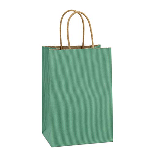 BagDream 25Pcs Gift Bags 8x4.25x10.5 Kraft Paper for Gifts, Shopping Retail Merchandise Grocery Sacks, Green Stripes Paper Bags with Handles Bulk Medium