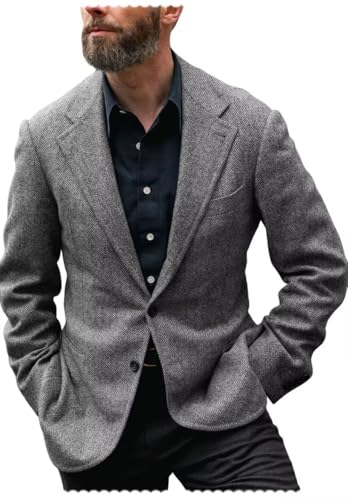 Men's V-Neck Herringbone Blazer 2-Buttons Business Casual Tweed Blend Sports Jacket