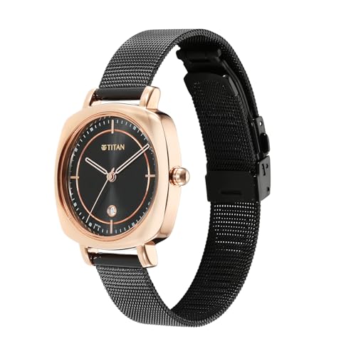 Image of Titan Work Wear 3 Hnads +Date Brown Square Dial Black Plating A1Stainless Steel Strap Women's Watch - 2730KM02