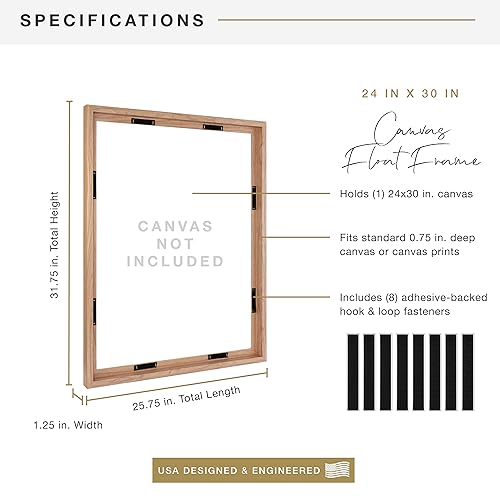 Image of MCS Canvas Float Frames 24x30 Frame, Walnut Wood Grain for Finished Canvases, Vertical & Horizontal Wall Hanging Large with Adhesive for Canvas Paintings (1-Pack)