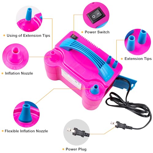 Siasky Electric Balloon Pump, Portable Dual Nozzle Electric Air Balloon Pump Inflator Blower Machine for Party Decorations, Rose Red 110V 600W with 2 Tying Tools - Thumbnail 2