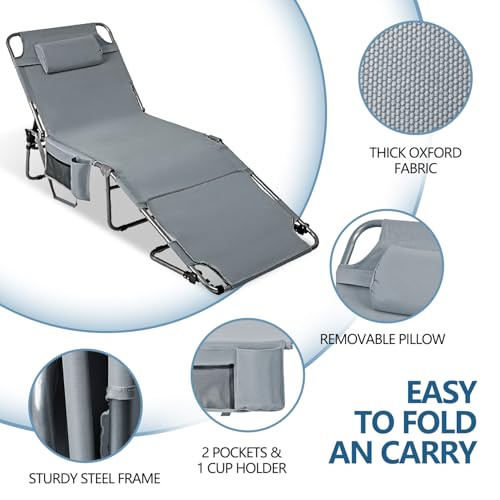 Tanning Chair with Face Hole, Adjustable Folding Chaise Lounge Chairs for Outside with Detachable Pillow & Pocket，Portable flat beach chairs for sunbathing, beach lawns camping (Deep Grey, Standard) by LONGTENW - Image 2