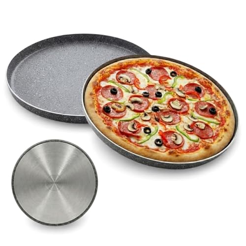 vienberg 2 pezzi Ø 30 cm Teglia per pizza & flamkake Lahmacun, forma rotonda con effetto granito, rivestimento antiaderente in acciaio al carbonio stabile con fondo in alluminio. Per forno, fornelli e