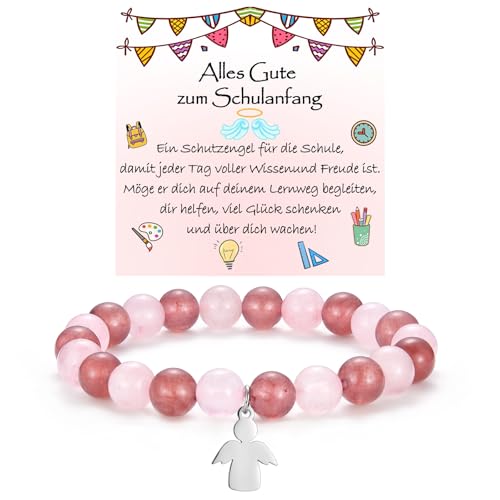 WOVEE Schutzengel Armband zum Schulanfang Engel Anhänger Perlenarmband Pikn Rosa Stein Schulkind Einschulung Geschenke Mädchen Kinder