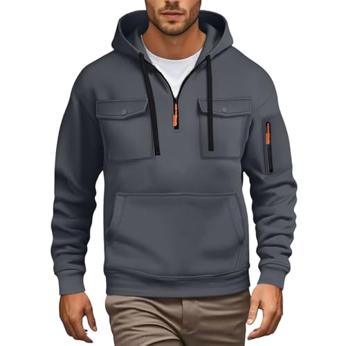 Chaqueta de invierno para hombre cálida - Sudadera para hombre con media cremallera, chaqueta de entretiempo informal con bolsillos, chaqueta softshell con cordón, abrigo con capucha, sudadera de moda