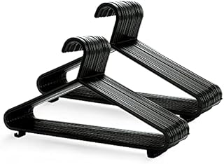 KEPLIN Adult Coat Hangers Black Colour Strong Plastic Clothes with Suit Trouser Bar and Lips (37.5cm Wide) (50pk)