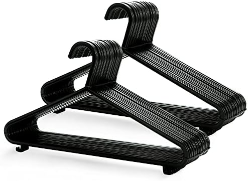 KEPLIN Adult Plastic Clothes Hangers – Black Hanger (50pk), Strong Coat Hangers for Closet with Suit Pants Trouser Bar and Clips, Space Saving, 14.8” Wide