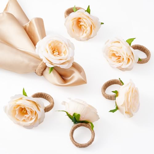 APTWOW Spring Flower Napkin Rings Set of 6 - Light Gold Floral Napkin Holder, Easter Napkin Rings for Wedding Birthday Party Banquet Spring Table Decor