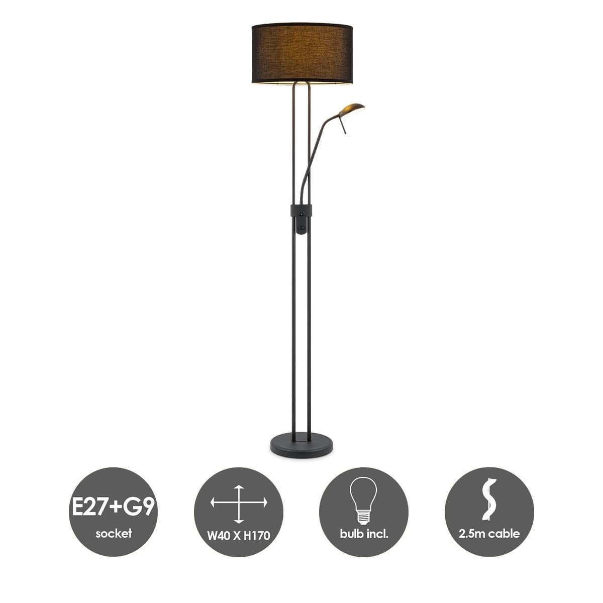 Home Sweet Home Lámpara de Pie con Luz Lectura Regulable - 170cm Moderna Negra Salón - E27 Lámpara Techo & Luz G9, Pantalla Tela, Incluye Bombillas LED 7W
