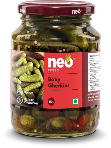 Neo Baby Gherkins I P1 I 100% Plant Based I Low Fat Sweet and Crunchy Pickles, Ready to Eat I Enjoy with Nachos, Make a Healthy Salad at home I 350g (Pack Of 1)