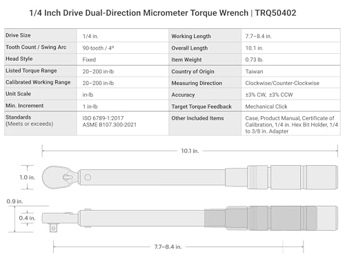 Image of TEKTON 1 /4 Inch Drive Micrometer Torque Wrench | TRQ50402 | (20 - 200 in-lb), Dual-Direction, Certificate of Calibration