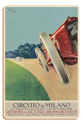 1922 Italian Grand Prix at Monza Race Track - Milan Italy - Vintage Car Racing Poster by Aldo Mazza - 8 x 12 inch Vintage Wood Art Sign