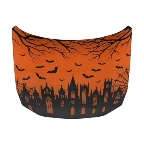 Image of Castle Bat Spider Web Print Car Hood Cover Stretchable Auto Hood Wrap Blankets Waterproof Automotive Halloween Outdoor Decorations for Compact Sedans SUV Trucks Van