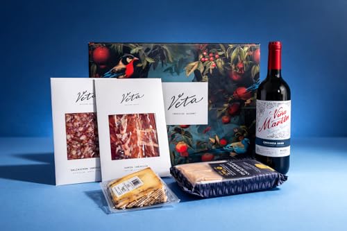 Pack Gourmet Día del Padre Veta – Jamón Ibérico, Salchichón de Bellota, Queso con Ajo Negro, Láminas de Pan y Vino Rioja – Caja Regalo Premium para Hombre