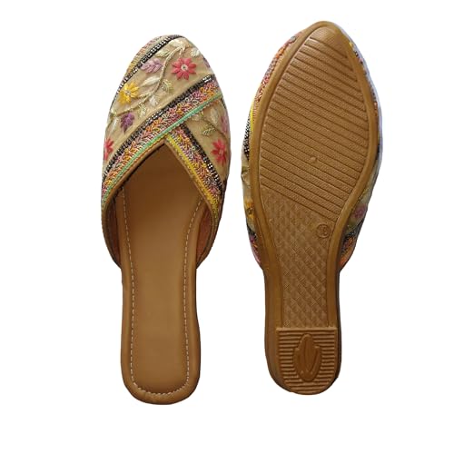 Image of Women's Embroidered Floral Juttis | Ethnic Jutti Flats | Handcrafted Flat Slip-On Mules with Beaded Embellishments