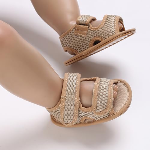 SOFMUO Baby Boys Sandals Premium Anti-Slip Rubber Sole Breathable Mesh Fabric Infant Summer Sneakers Toddler Outdoor Water Shoes (A01/Khaki,0-6 Months)