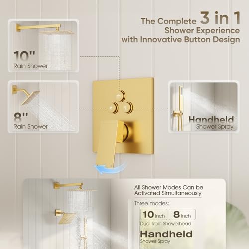 Juego de grifo para ducha en oro cepillado con cabezales de ducha lluvia de 10" y 8" | Sistema de ducha metálico completo para dos personas, cabezal de ducha de pared con rociador manual, válvula de ducha de 3 vías y kit de acabados miniatura 4
