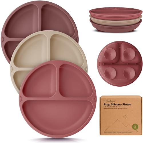 Image of KeaBabies Suction Plates for Baby, Toddler, 3pk, 100% Silicone (Burgundy) | Silicone Toddler Plates with Suction, Divided, Kids Baby Led Weaning Essentials, Dishwasher Safe, Microwave Safe, BPA-Free