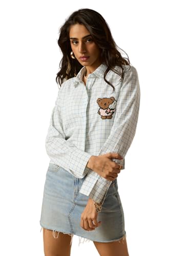 Chemise à carreaux aqua en coton brodé coupe décontractée toutes saisons