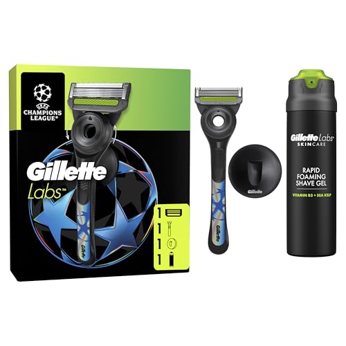 GilletteLabs Edición Especial UCL Pack De Maquinilla De Afeitar Con Tira Exfoliante, 1 Mango, 1 Recambio + Gel De Afeitar 198ml + 1 Colgador De Pared