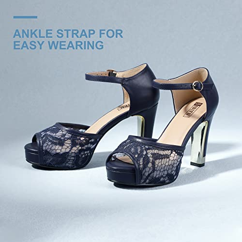 Idifu Women's In4 Mary Platform Chunky High Heels Sandals Peep Toe Dress Wedding Bridal Shoes For Women Bride Bridesmaid (Navy Pu, 5 M Us) #TOP5