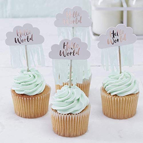 Ginger Ray Rose Gold Cloud Hello World Baby Shower Tassel Cupcake Pick Toppers x 10 - Hello World