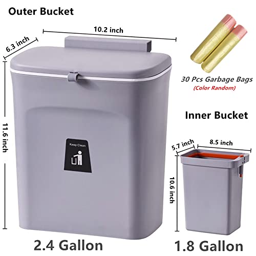 Hanging Trash Can With Lid For Under Sink Or Cabinet Door, 2.4 Gallon Kitchen Compost Bin With Inner Bucket, Garbage Can For Cupboard/ Bathroom/ Bedroom/ Office/ Camping, Wall Mounted Indoor, Gray #TOP4