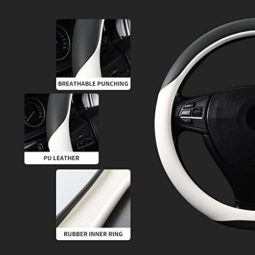 Image of Microfiber Leather 15 inch Universal Fit Car Steering Wheel Cover, Elastic Nonslip Breathable and Odorless, Grey & White