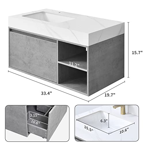 HERNEST Floating Bathroom Vanity Wall Mounted Bathroom Cabinet Grey Glossy Storage Vanity Under Unit with Ceramic Basin Sink and Closed Door - Thumbnail 2