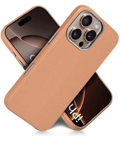 Image of WOW IMAGINE Back Cover for iPhone 16 Pro | Shockproof Tough Leather Texture Hard Mobile Case | Ultra Slim Non-Slip Grip | Inner Velvet Fabric | Metal Camera Ring - Tan Brown
