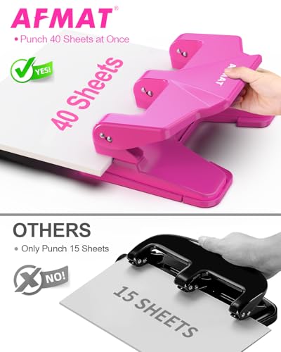 Image of AFMAT 3 Hole Punch Heavy Duty, 40-Sheet Three Hole Punch, 50% Reduced Effort, 3 Hole Puncher for Binder w /Large Chip Tray, 9 /32 inch Holes Diameter, Metal Paper Puncher for Home /Office /School, HP14(Pink)