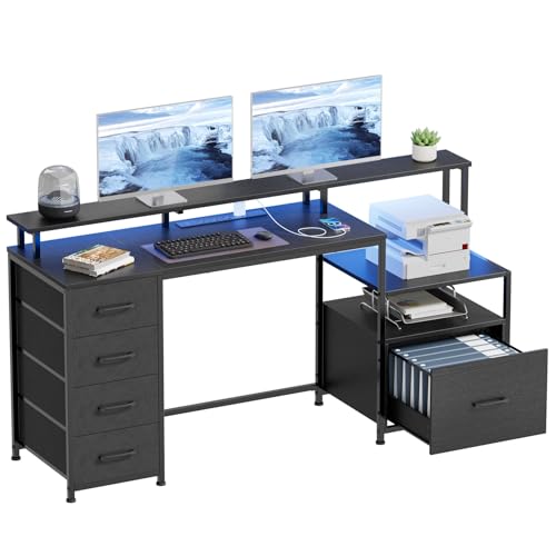 COWISH Computer Desk with 5 Drawers, 170 * 47 CM Gaming Desk with Power Outlet & Led Lights, 67'' Large Computer Desk with File Drawer, Storage, Monitor Shelves, Gaming Desk for Home Office, Black